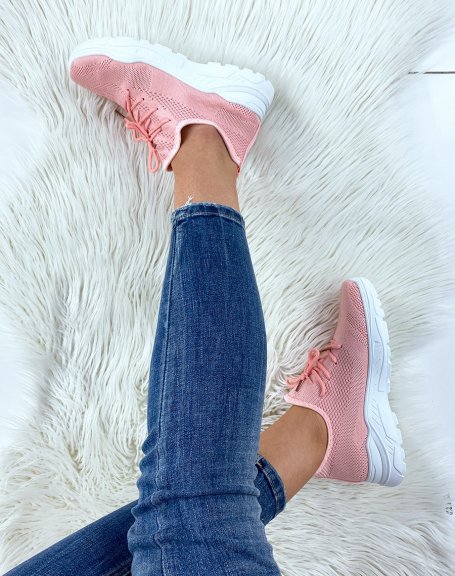 Pink fabric sneakers with white sole