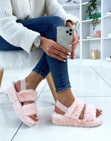 Pink faux fur double strap slippers