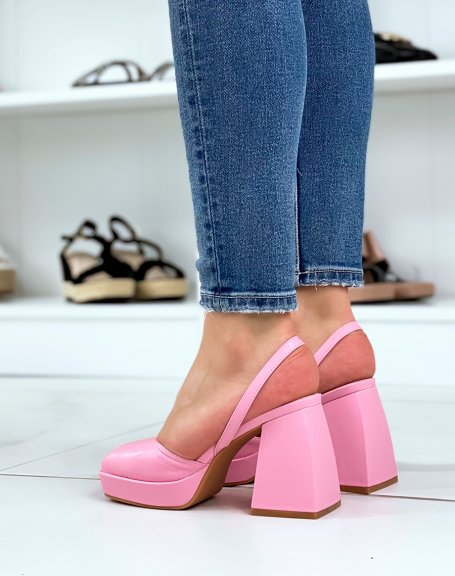 Pink Faux Leather Wide Flat Heel Pumps