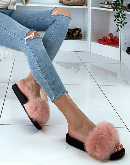 Pink fur mules with chunky soles