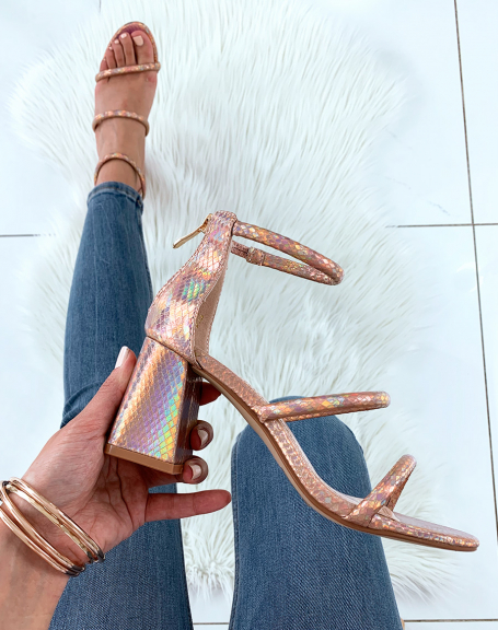 Pink gold python-effect sandals with multiple straps and square heels