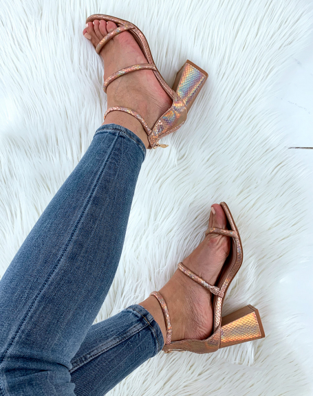Pink gold python-effect sandals with multiple straps and square heels