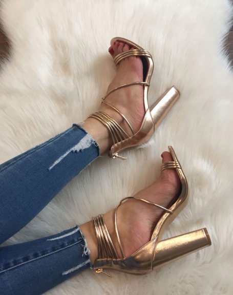 Pink / gold sandals with multiple thin straps