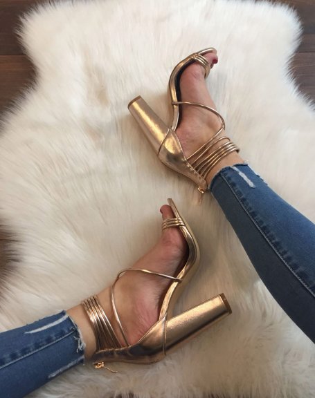 Pink / gold sandals with multiple thin straps