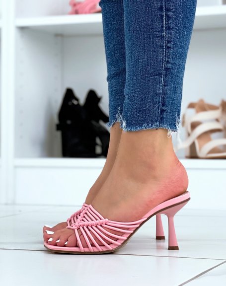 Pink multi-strap heeled mules