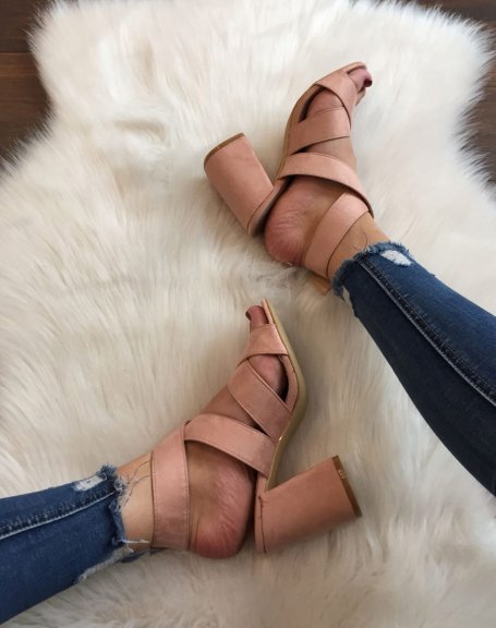 Pink multi-strap suedette heels
