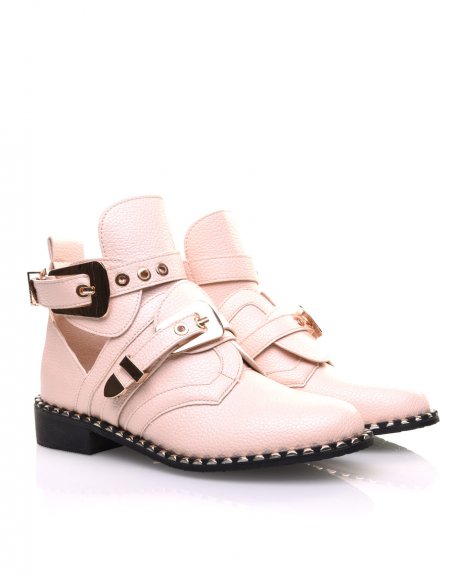 Pink pale openwork ankle boots with studded soles
