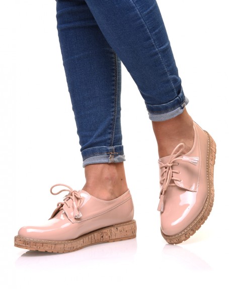 Pink patent derbies with wedge heel