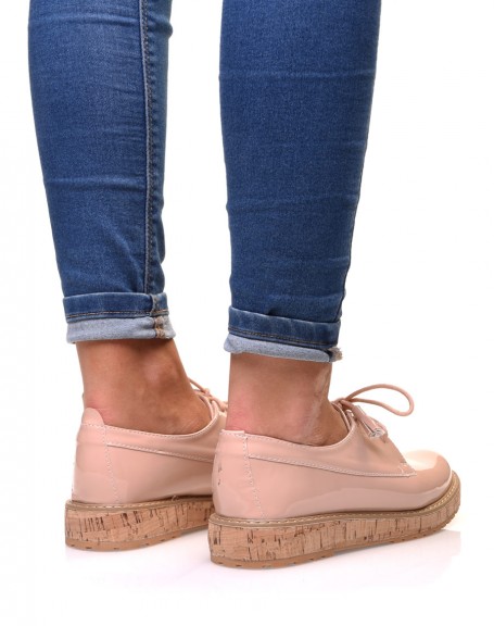 Pink patent derbies with wedge heel