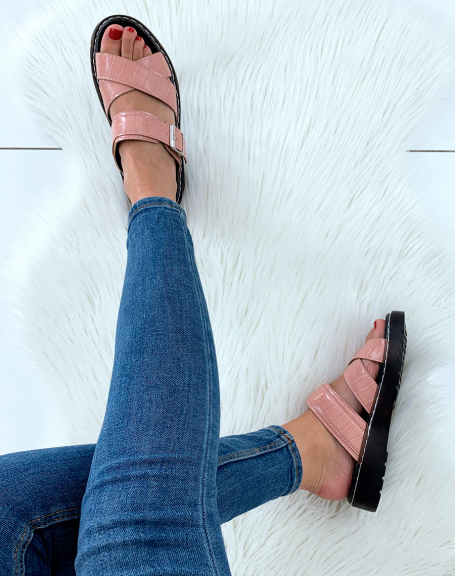 Pink sandals with croc-effect buckles