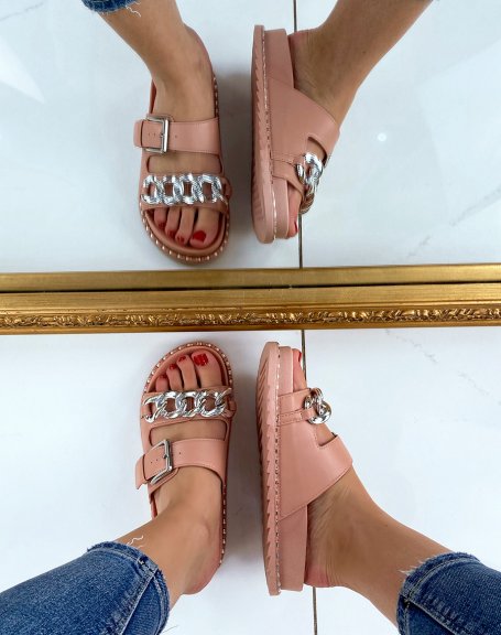 Pink sandals with double straps and silver chain