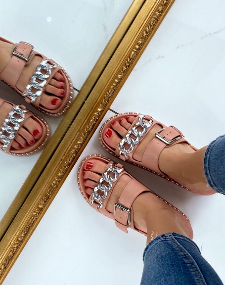Pink sandals with double straps and silver chain