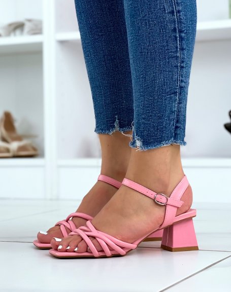 Pink sandals with small heel and multiple straps