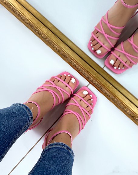 Pink sandals with square heel and multiple thin straps