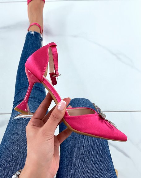 Pink satin pumps with flared heel