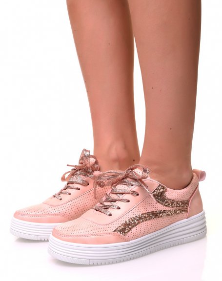 Pink sneakers with gold glitter inserts