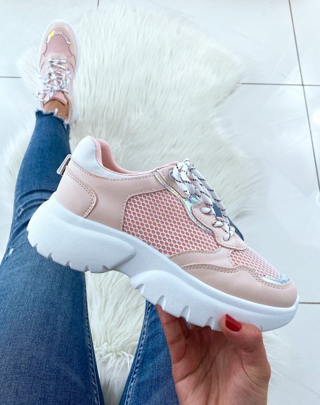 Pink sneakers with holographic detail