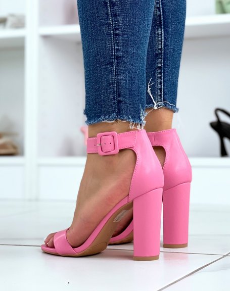 Pink Square Buckle Heeled Sandals