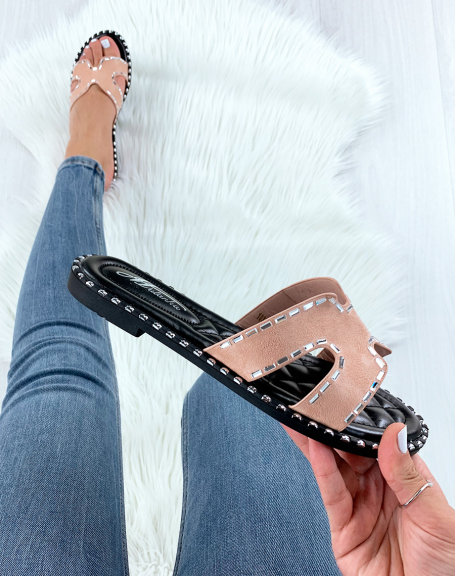 Pink strappy mules adorned with rectangular jewels