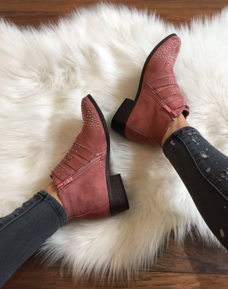 Pink studded suede flat ankle boots
