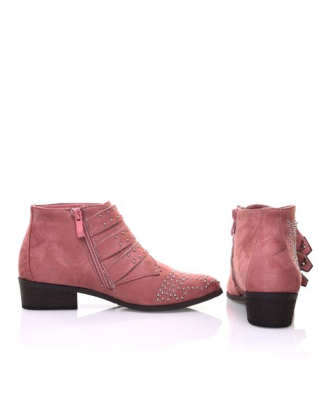 Pink studded suede flat ankle boots