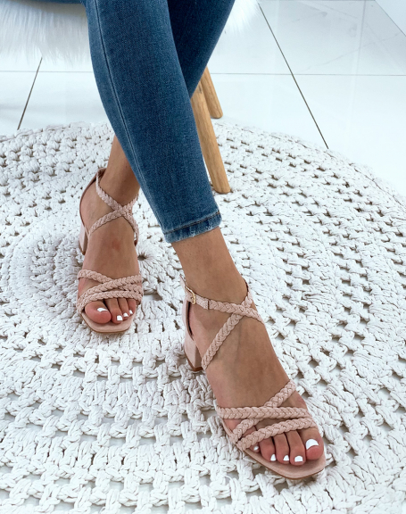 Pink suedette heeled sandals with braided straps
