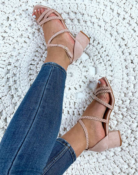 Pink suedette heeled sandals with braided straps