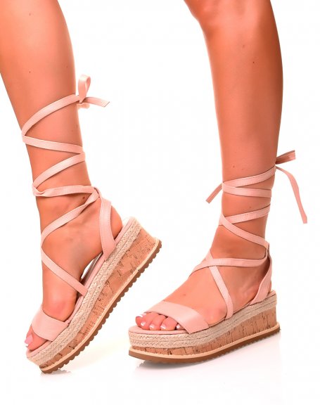 Pink suedette lace-up wedge sandals