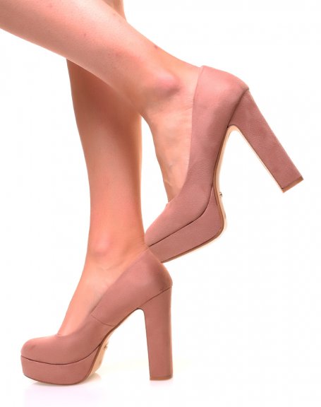 Pink suedette pumps with square heels and chunky platforms