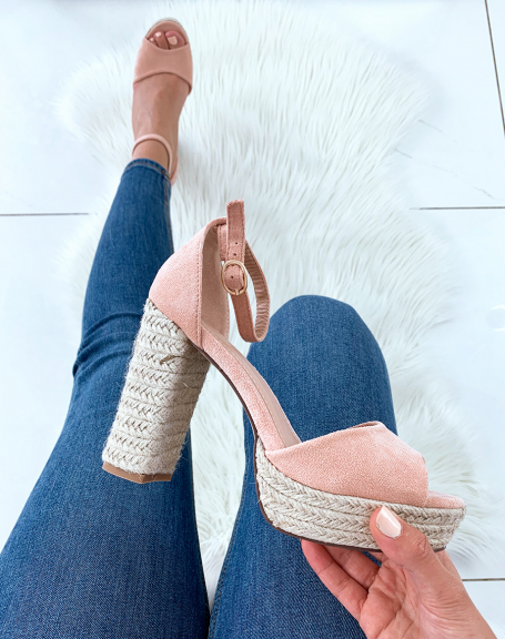 Pink suedette sandals with rope heels and platforms