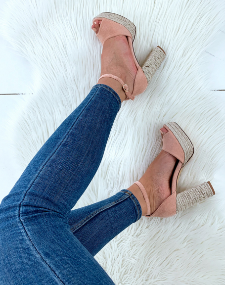 Pink suedette sandals with rope heels and platforms