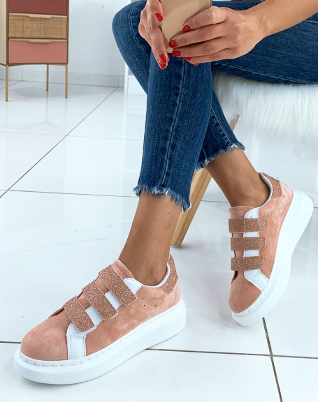 Pink suedette sneakers with platform velcro
