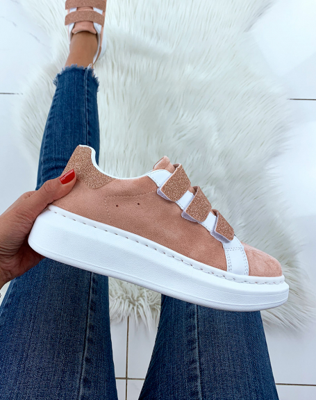 Pink suedette sneakers with platform velcro