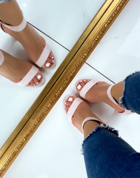 Pink suedette square buckle heeled sandals