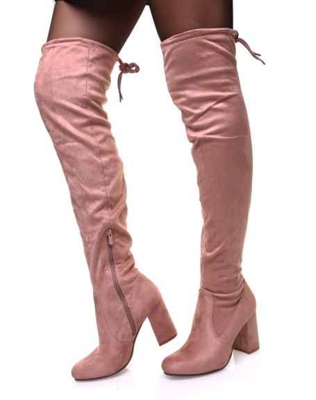 Pink suedette thigh-high boots with heels
