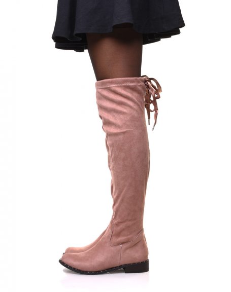 Pink suedette thigh-high boots with studded soles
