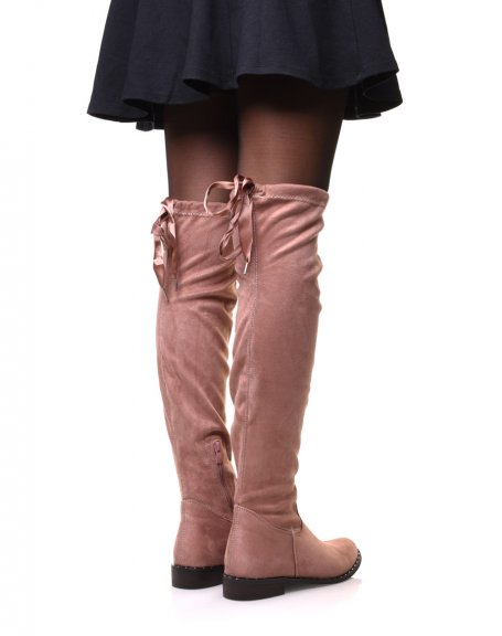 Pink suedette thigh-high boots with studded soles