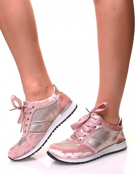 Pink velvet and croc-effect sneakers with ribbons