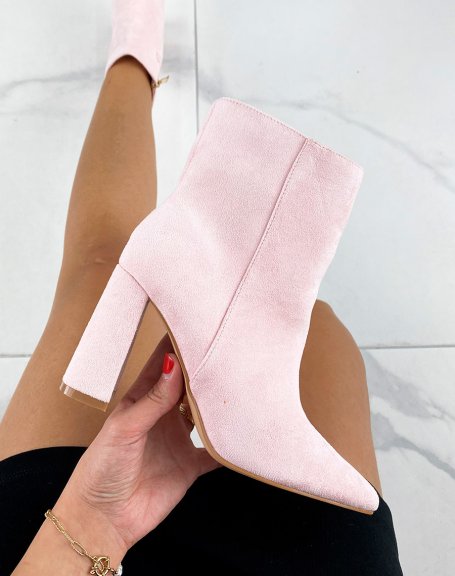 Pointed-toe pink suedette heeled ankle boots