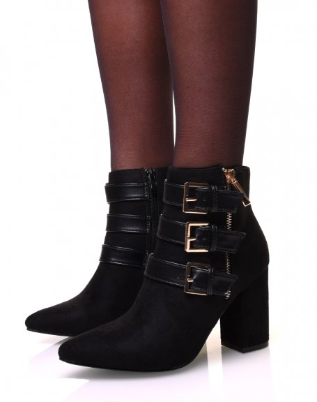 Pointed toe suedette ankle boots with black straps