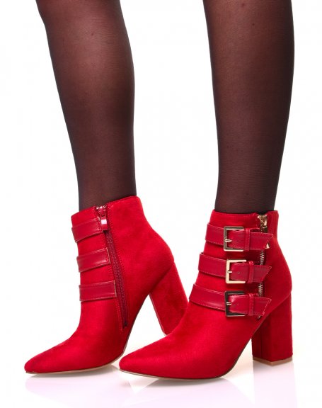 Pointed toe suedette ankle boots with red straps