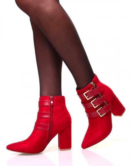 Pointed toe suedette ankle boots with red straps