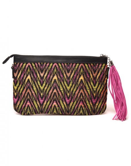Pouch in pink and yellow printed fabrics with pompom