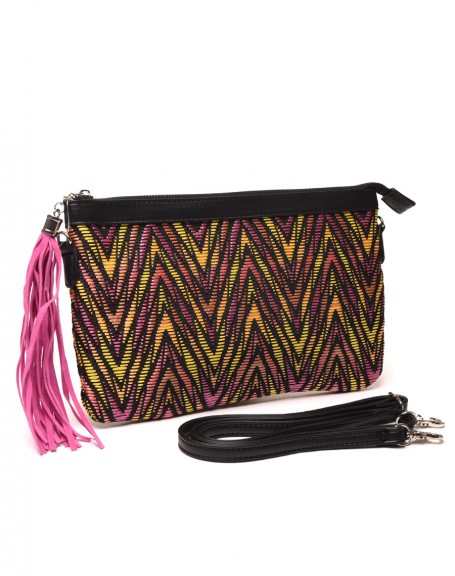 Pouch in pink and yellow printed fabrics with pompom