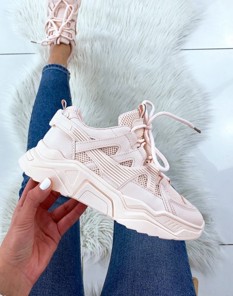 Powder pink bi-material sneakers with XXL platform