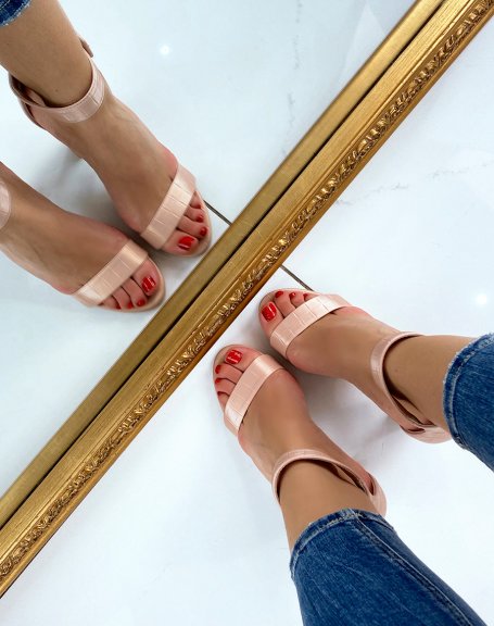 Powder pink croc-effect square-buckle heeled sandals