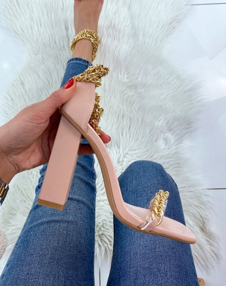 Powder pink sandals with square heel with gold chains