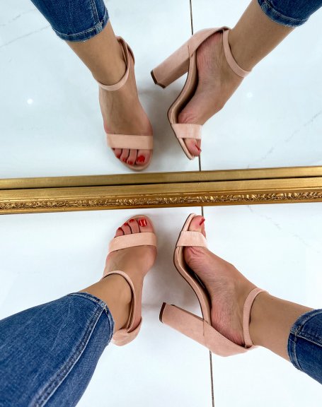 Powder pink suedette heeled sandals with gold buckle