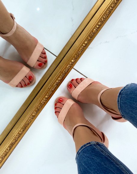 Powder pink suedette heeled sandals with gold buckle