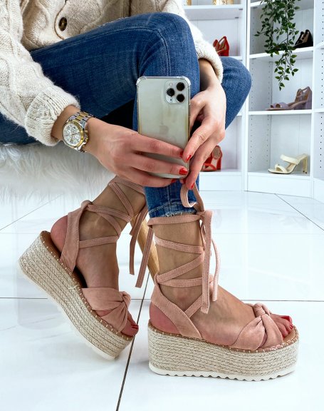 Powder pink suedette lace-up wedge sandals